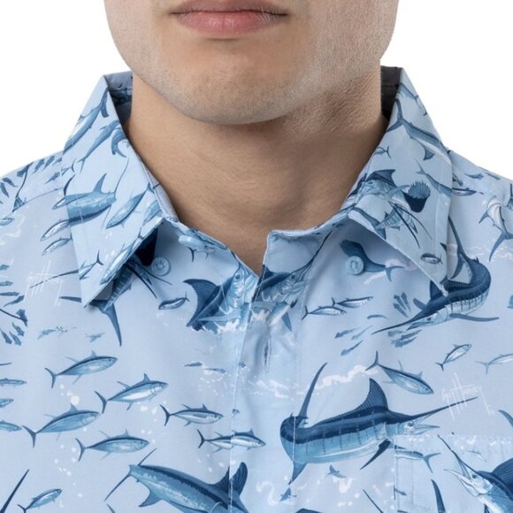 NEW Guy Harvey Fishing Shirt Men’s Size Large Powder Blue Marlin Fish Print LS - Picture 3 of 13